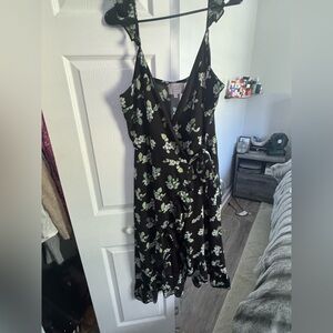 Audrey Black Dress with White and Green Floral Design